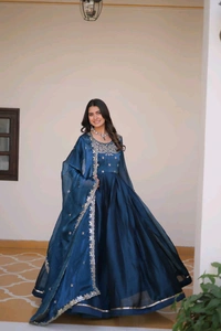 Azorte Fashion New Festival Special Pure Burberry Silk Gown with Embroidery Work & Dupatta - Navy Blue, L