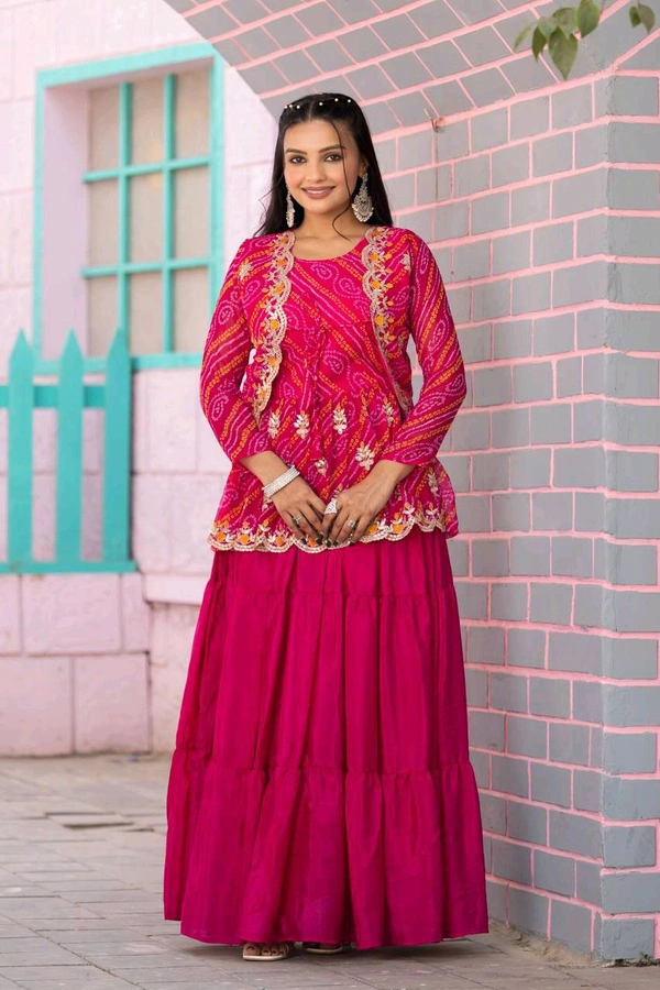 Azorte Fashion Special Bandhej Lehenga Crop Top & Jacket – Heavy Embroidery Work - Wild Watermelon, M