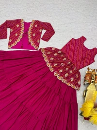 Azorte Fashion Special Bandhej Lehenga Crop Top & Jacket – Heavy Embroidery Work - Wild Watermelon, M