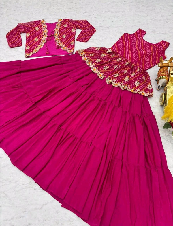 Azorte Fashion Special Bandhej Lehenga Crop Top & Jacket – Heavy Embroidery Work - Wild Watermelon, M