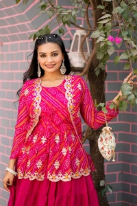 Azorte Fashion Special Bandhej Lehenga Crop Top & Jacket – Heavy Embroidery Work - Wild Watermelon, L