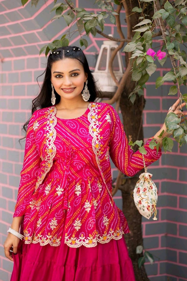 Azorte Fashion Special Bandhej Lehenga Crop Top & Jacket – Heavy Embroidery Work - Wild Watermelon, L