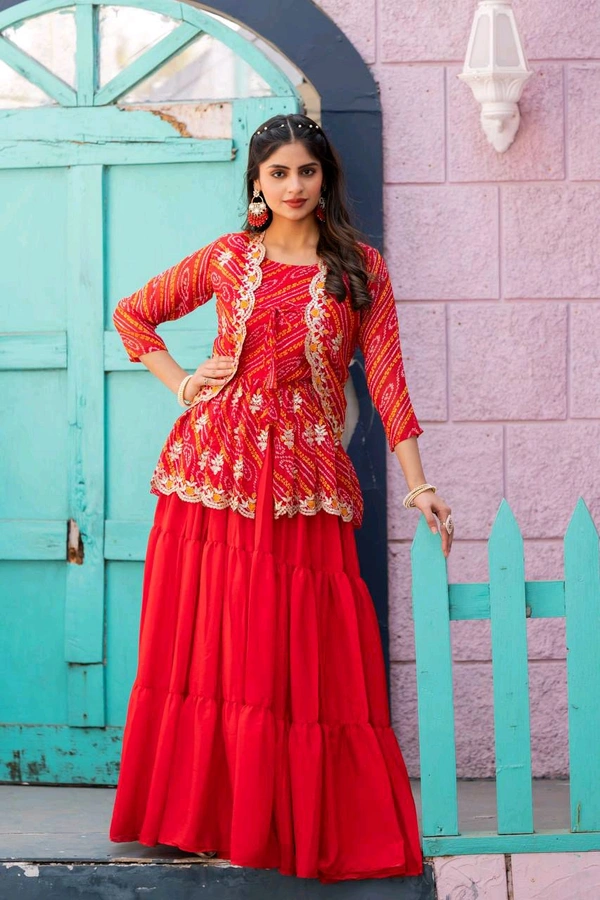Azorte Fashion Special Bandhej Lehenga Crop Top & Jacket – Heavy Embroidery Work - Red, L