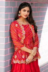 Azorte Fashion Special Bandhej Lehenga Crop Top & Jacket – Heavy Embroidery Work - Red, L