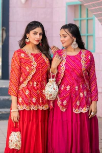 Azorte Fashion Special Bandhej Lehenga Crop Top & Jacket – Heavy Embroidery Work - Red, L