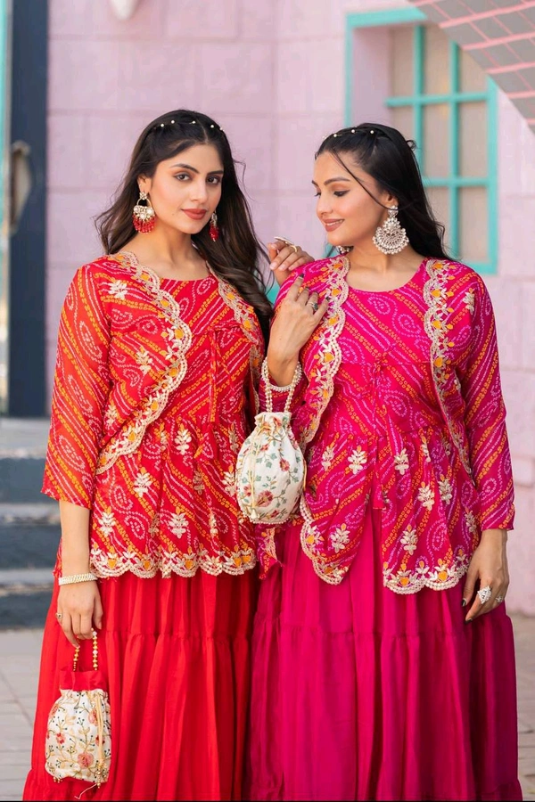 Azorte Fashion Special Bandhej Lehenga Crop Top & Jacket – Heavy Embroidery Work - Red, L