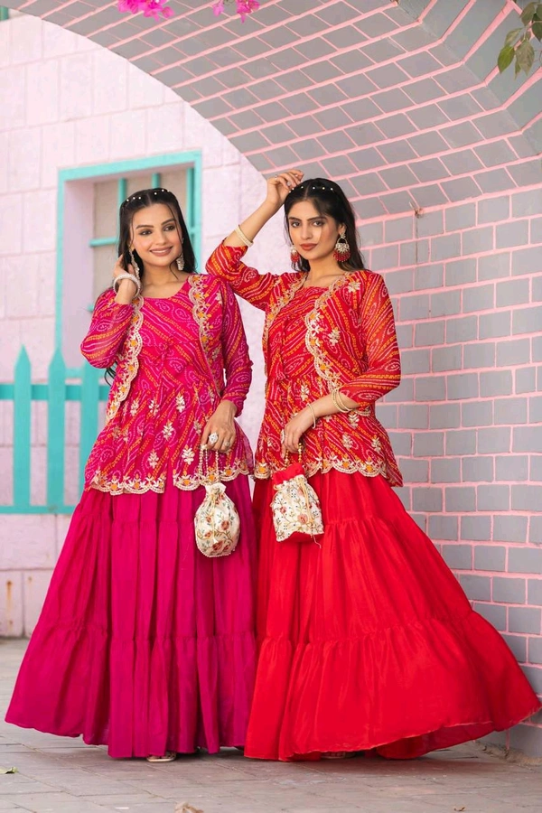 Azorte Fashion Special Bandhej Lehenga Crop Top & Jacket – Heavy Embroidery Work - Red, L