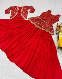 Azorte Fashion Special Bandhej Lehenga Crop Top & Jacket – Heavy Embroidery Work - Red, L