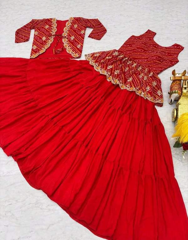 Azorte Fashion Special Bandhej Lehenga Crop Top & Jacket – Heavy Embroidery Work - Red, L