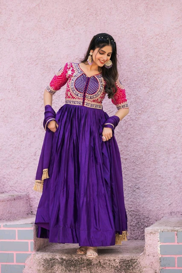 Azorte Fashion New Festival Special Heavy Sequins Work Pure Chinon & Bandhej Long Gown – Fully Stitched - Pigment Indigo, L