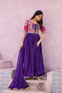 Azorte Fashion New Festival Special Heavy Sequins Work Pure Chinon & Bandhej Long Gown – Fully Stitched - Pigment Indigo, L