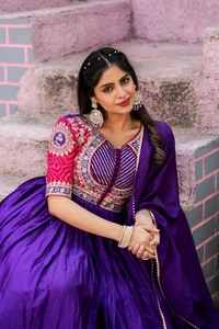 Azorte Fashion New Festival Special Heavy Sequins Work Pure Chinon & Bandhej Long Gown – Fully Stitched - Pigment Indigo, L