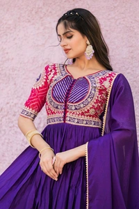 Azorte Fashion New Festival Special Heavy Sequins Work Pure Chinon & Bandhej Long Gown – Fully Stitched - Pigment Indigo, L