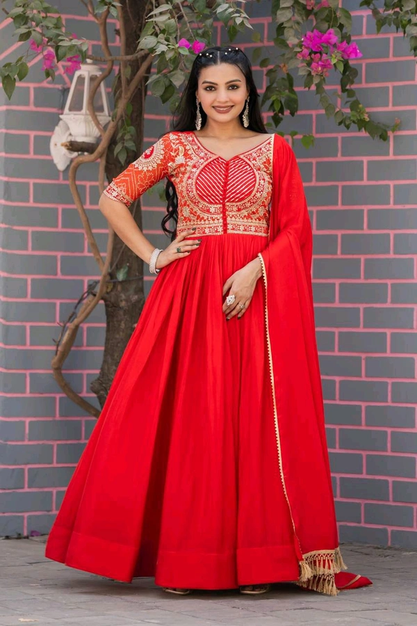 Azorte Fashion New Festival Special Heavy Sequins Work Pure Chinon & Bandhej Long Gown – Fully Stitched - Red, M