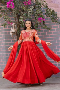 Azorte Fashion New Festival Special Heavy Sequins Work Pure Chinon & Bandhej Long Gown – Fully Stitched - Red, M