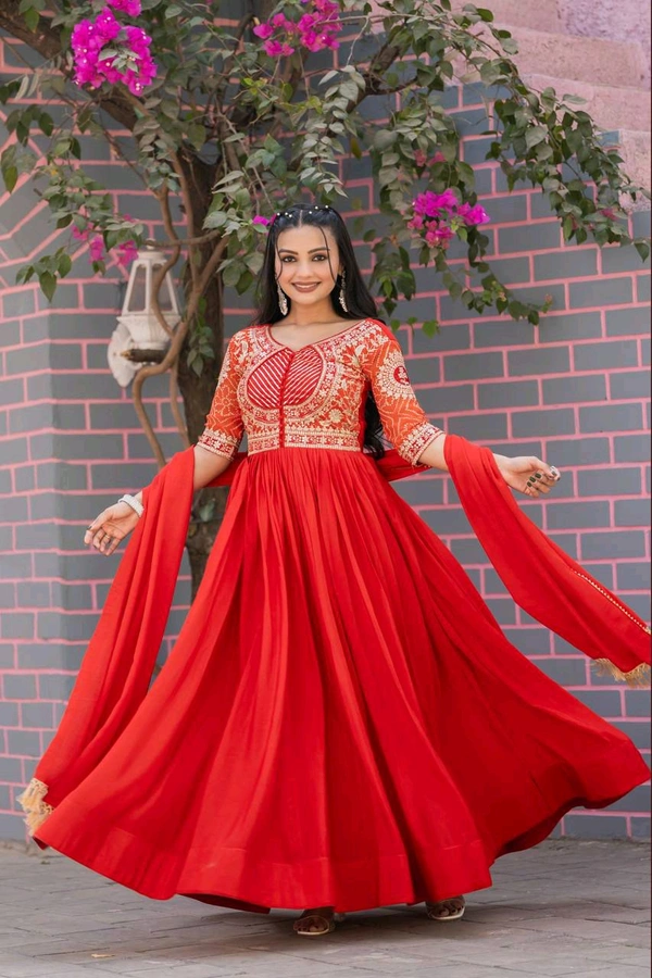 Azorte Fashion New Festival Special Heavy Sequins Work Pure Chinon & Bandhej Long Gown – Fully Stitched - Red, M