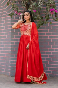 Azorte Fashion New Festival Special Heavy Sequins Work Pure Chinon & Bandhej Long Gown – Fully Stitched - Red, M