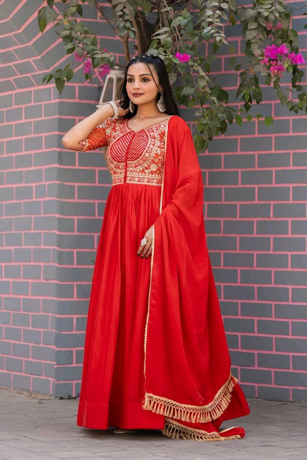 Azorte Fashion New Festival Special Heavy Sequins Work Pure Chinon & Bandhej Long Gown – Fully Stitched - Red, M
