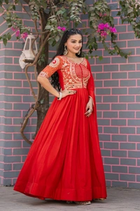 Azorte Fashion New Festival Special Heavy Sequins Work Pure Chinon & Bandhej Long Gown – Fully Stitched - Red, M