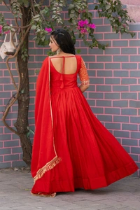 Azorte Fashion New Festival Special Heavy Sequins Work Pure Chinon & Bandhej Long Gown – Fully Stitched - Red, M