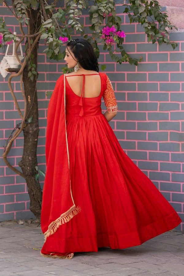 Azorte Fashion New Festival Special Heavy Sequins Work Pure Chinon & Bandhej Long Gown – Fully Stitched - Red, M