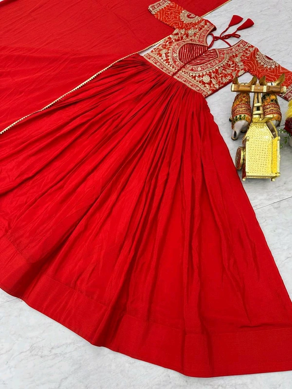Azorte Fashion New Festival Special Heavy Sequins Work Pure Chinon & Bandhej Long Gown – Fully Stitched - Red, L