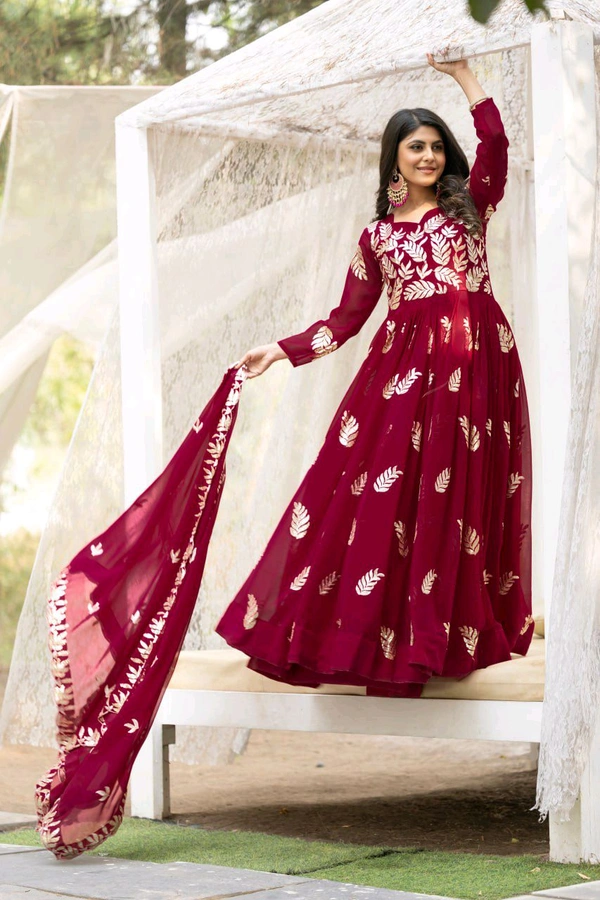 Azorte Fashion New Festival Special Heavy Sequins Work Fox Georgette Long Gown with Dupatta – Fully Stitched - Maroon, XL