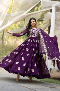 Azorte Fashion New Festival Special Heavy Sequins Work Fox Georgette Long Gown with Dupatta – Fully Stitched - Clairvoyant, M