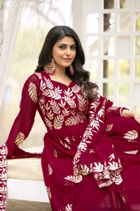 Azorte Fashion New Festival Special Heavy Sequins Work Fox Georgette Long Gown with Dupatta – Fully Stitched - Maroon, L