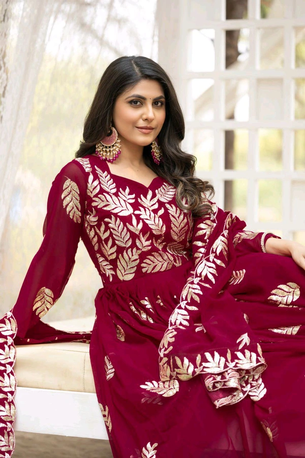 Azorte Fashion New Festival Special Heavy Sequins Work Fox Georgette Long Gown with Dupatta – Fully Stitched - Maroon, L