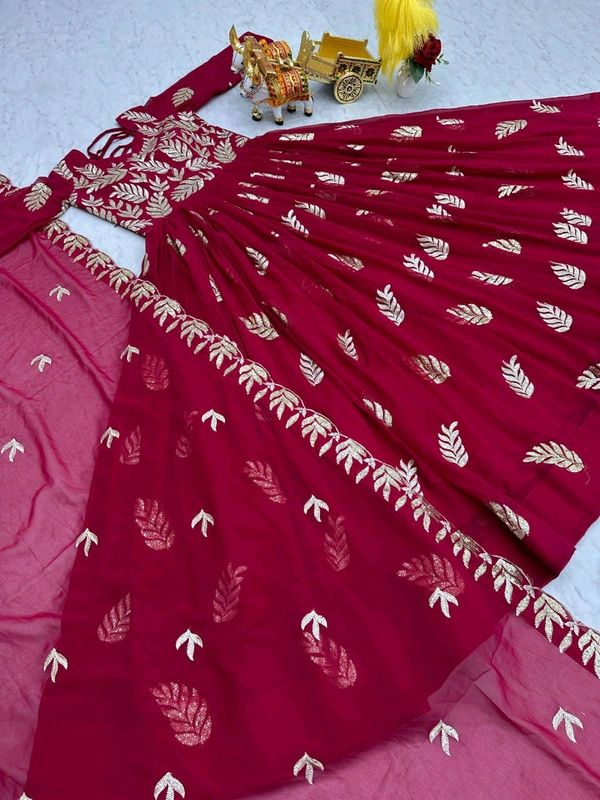 Azorte Fashion New Festival Special Heavy Sequins Work Fox Georgette Long Gown with Dupatta – Fully Stitched - Maroon, L