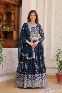 Azorte Fashion Wedding Lehenga Choli – Heavy Fox Georgette with 7mm Sequins Embroidery - Arapawa, L 40