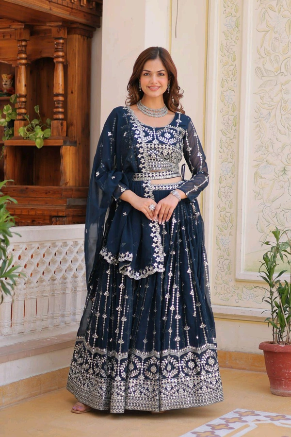 Azorte Fashion Wedding Lehenga Choli – Heavy Fox Georgette with 7mm Sequins Embroidery - Arapawa, L 40