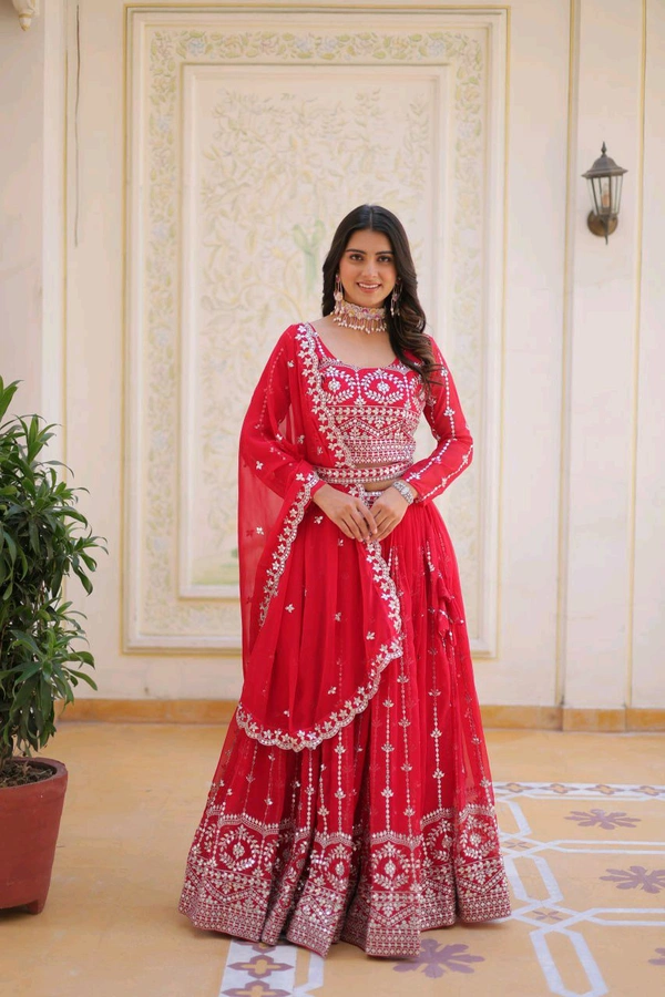 Azorte Fashion Wedding Lehenga Choli – Heavy Fox Georgette with 7mm Sequins Embroidery - Cardinal, XXL