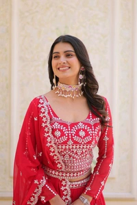 Azorte Fashion Wedding Lehenga Choli – Heavy Fox Georgette with 7mm Sequins Embroidery - Cardinal, XXL