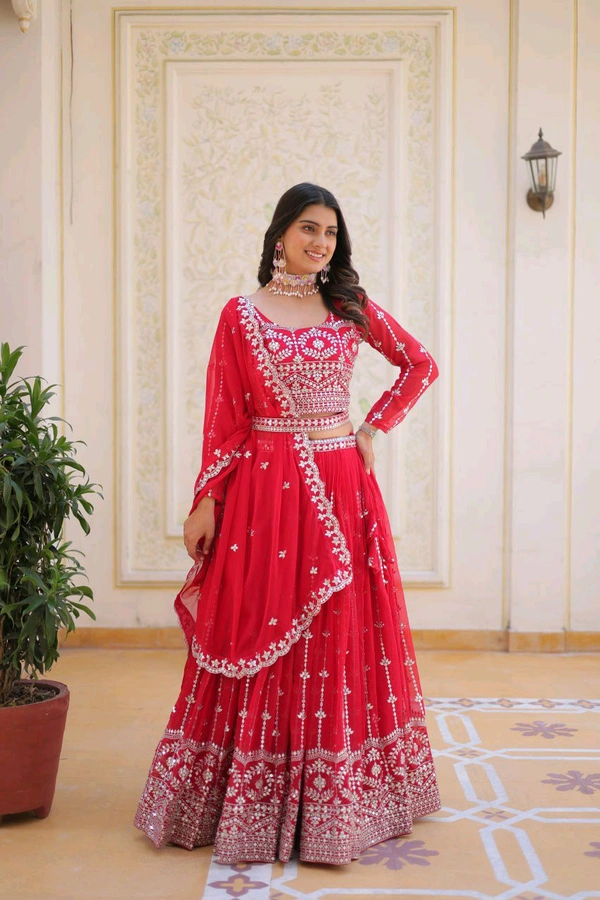 Azorte Fashion Wedding Lehenga Choli – Heavy Fox Georgette with 7mm Sequins Embroidery - Cardinal, XXL