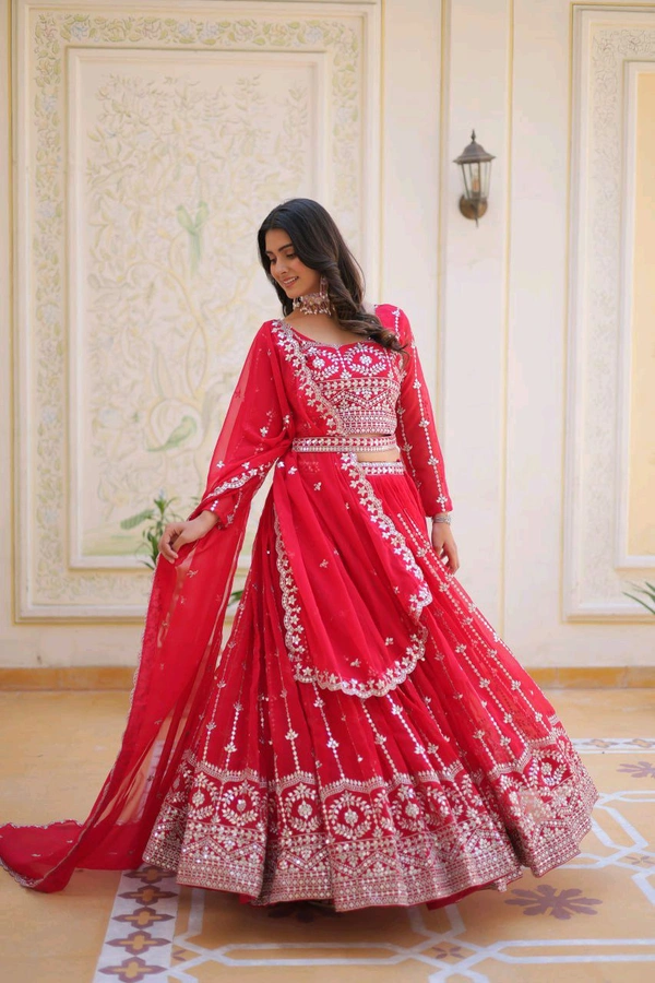 Azorte Fashion Wedding Lehenga Choli – Heavy Fox Georgette with 7mm Sequins Embroidery - Cardinal, L 40