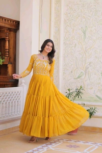 Azorte Fashion New Festival Long Gown – Heavy 3mm Sequins Work Fox Georgette Gown - Web Orange, M