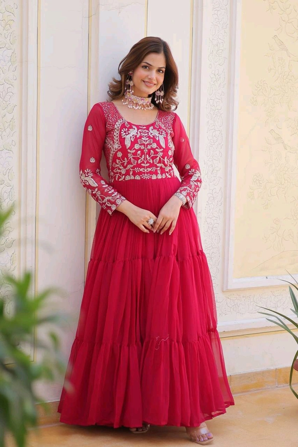 Azorte Fashion New Festival Long Gown – Heavy 3mm Sequins Work Fox Georgette Gown - Carnation, XL