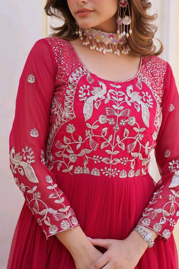 Azorte Fashion New Festival Long Gown – Heavy 3mm Sequins Work Fox Georgette Gown - Carnation, XL