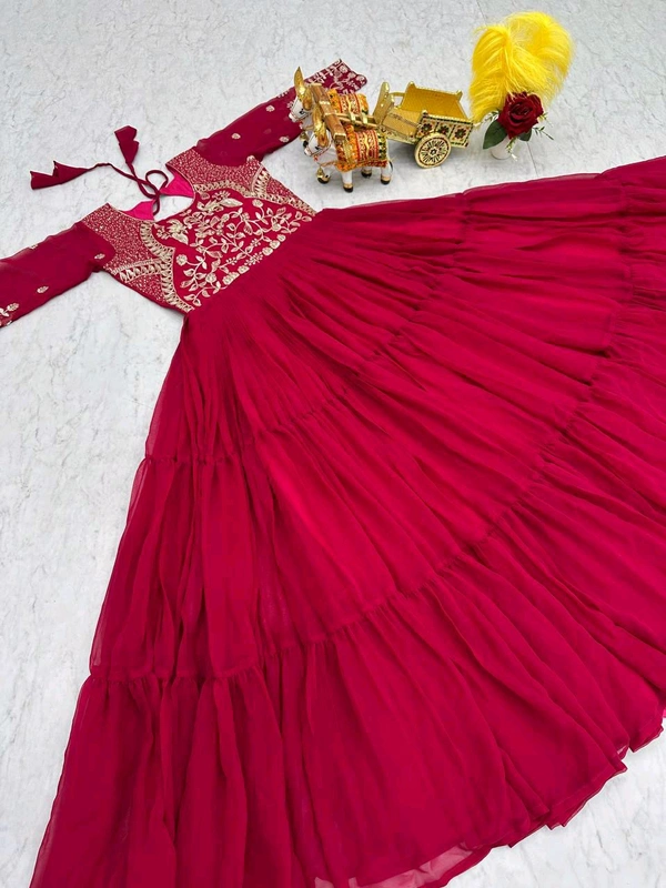 Azorte Fashion New Festival Long Gown – Heavy 3mm Sequins Work Fox Georgette Gown - Carnation, XL