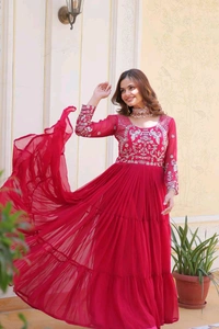 Azorte Fashion New Festival Long Gown – Heavy 3mm Sequins Work Fox Georgette Gown - Wild Watermelon, L