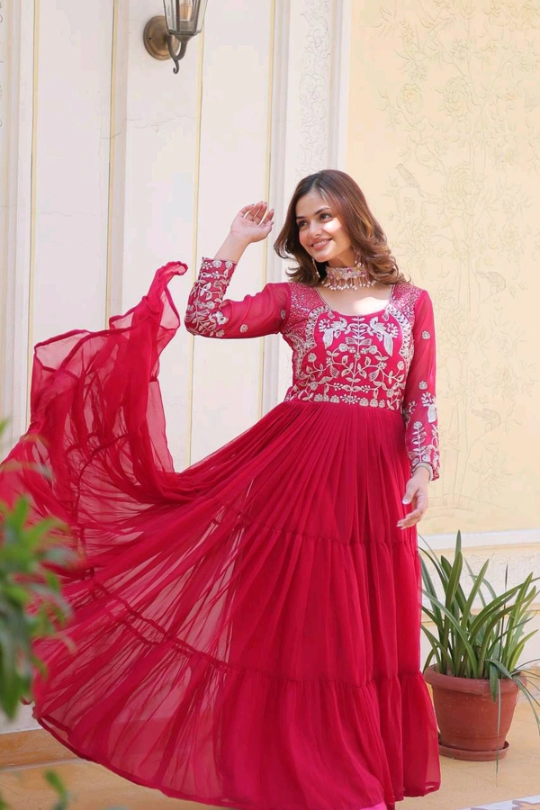 Azorte Fashion New Festival Long Gown – Heavy 3mm Sequins Work Fox Georgette Gown - Wild Watermelon, L