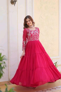 Azorte Fashion New Festival Long Gown – Heavy 3mm Sequins Work Fox Georgette Gown - Wild Watermelon, L