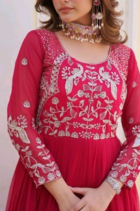 Azorte Fashion New Festival Long Gown – Heavy 3mm Sequins Work Fox Georgette Gown - Wild Watermelon, L
