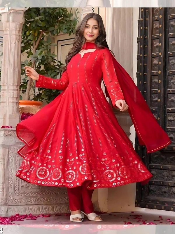 Azorte Fashion N Red Embroidered Faux Georgette Gown Set with Dupatta & Pants  - S