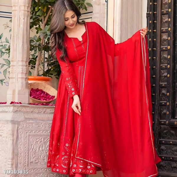 Azorte Fashion N Red Embroidered Faux Georgette Gown Set with Dupatta & Pants  - S