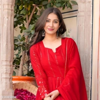 Azorte Fashion N Red Embroidered Faux Georgette Gown Set with Dupatta & Pants  - S