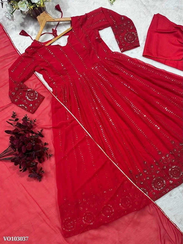 Azorte Fashion N Red Embroidered Faux Georgette Gown Set with Dupatta & Pants  - S