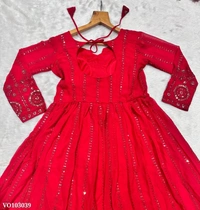 Azorte Fashion N Red Embroidered Faux Georgette Gown Set with Dupatta & Pants  - S